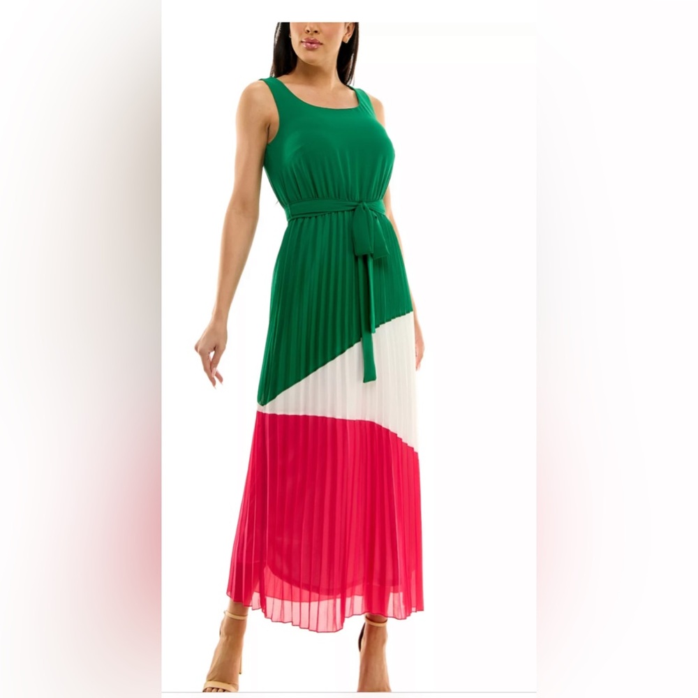 Nina Leonard Green, White, and Pink Maxi Dress